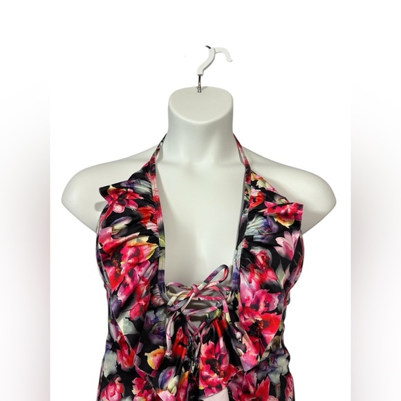 Aqua La Vie En Rose, Floral Halter Tankini Top, Size XL, Black, Pink - Picture 5 of 9